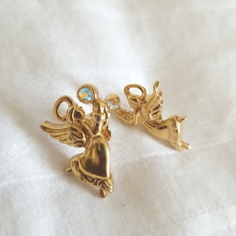 Vintage Avon NR Gold Angel Iridescent Stone Earrings